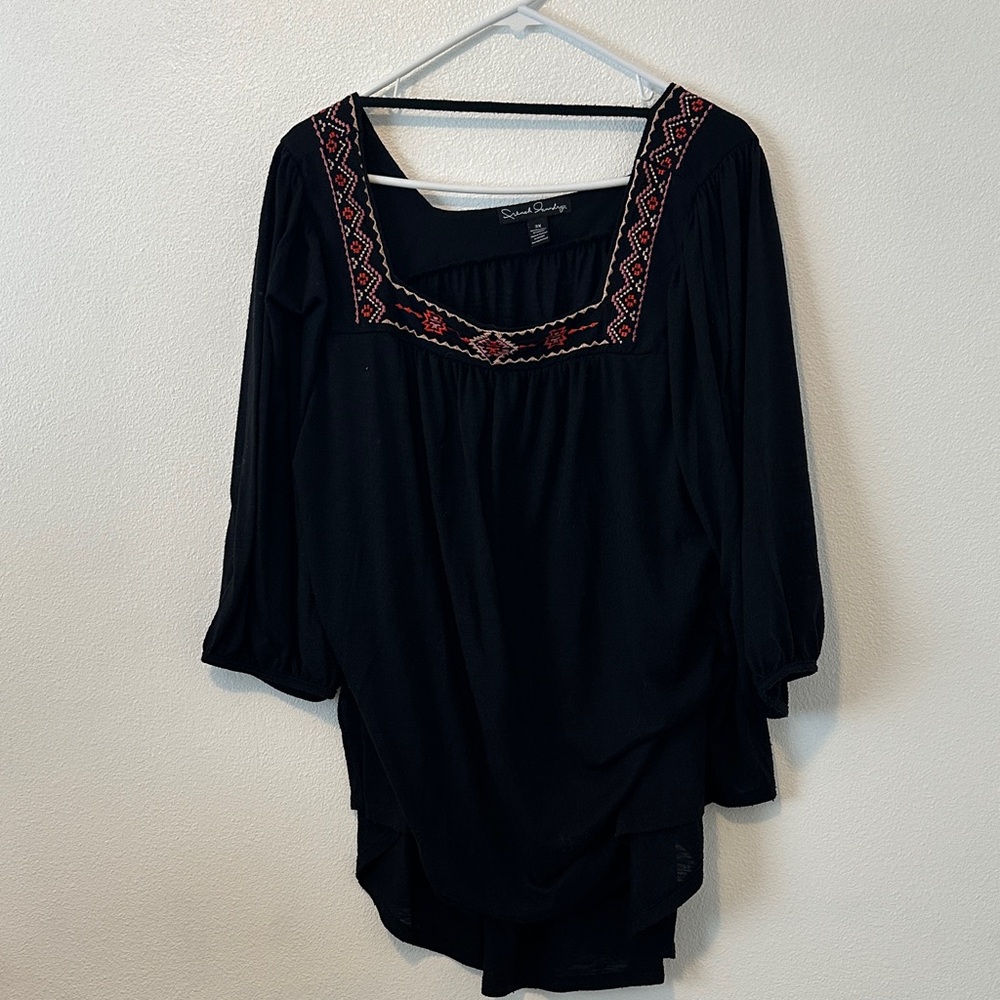 French Laundry Black Top with Red Embroidery
